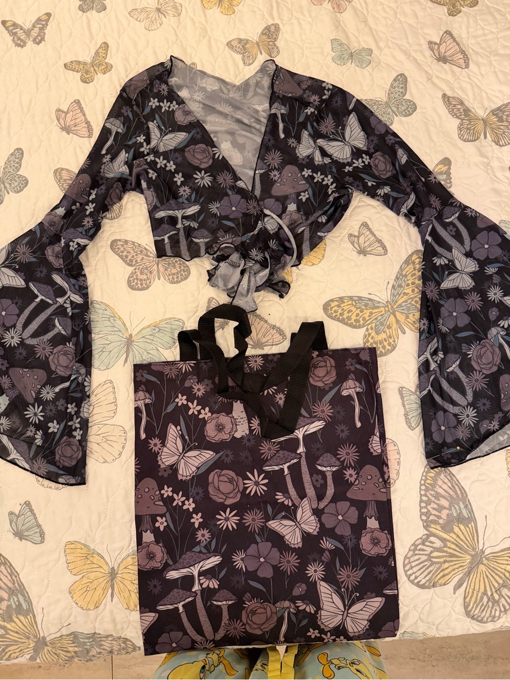Women's Black Floral Tie-Front Bell Sleeve Top with matching tote bag